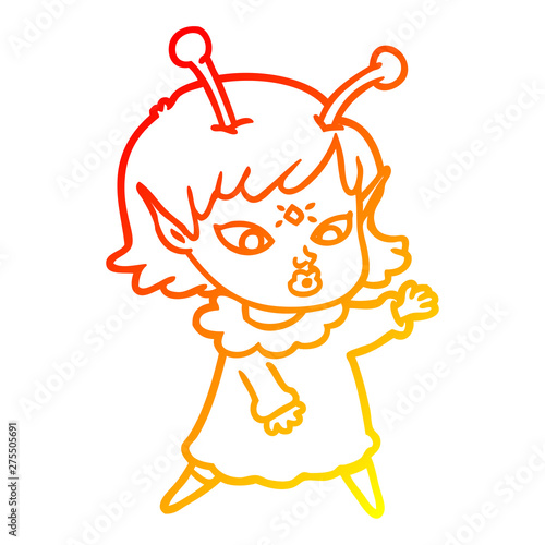 warm gradient line drawing pretty cartoon alien girl