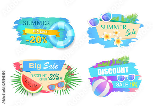 Summer big sale discounts, banners set vector. Summertime seasonal proposition and clearance, good deal for customers. Watermelon fruit and glasses