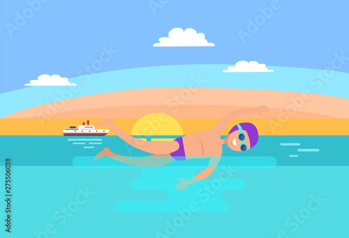 Freestyle stroke of swimmer vector. Professional sport , workout activities of man wearing goggles and protective cap. Ship vessel on water surface