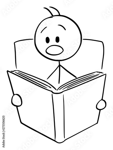 Vector cartoon stick figure drawing conceptual illustration of shocked or frightened man reading shocking or scary book.