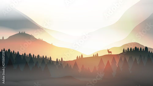 Sunset or Dawn Over Mountains with Stag on Hill Top Pine Forest Landscape - Vector Illustration