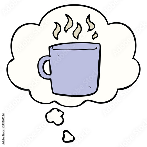 cartoon hot cup of coffee and thought bubble