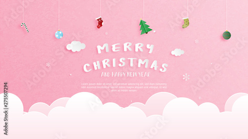 Merry Christmas and Happy new year greeting card in paper cut style. Vector illustration Christmas celebration background. Banner, flyer, poster, wallpaper, template.