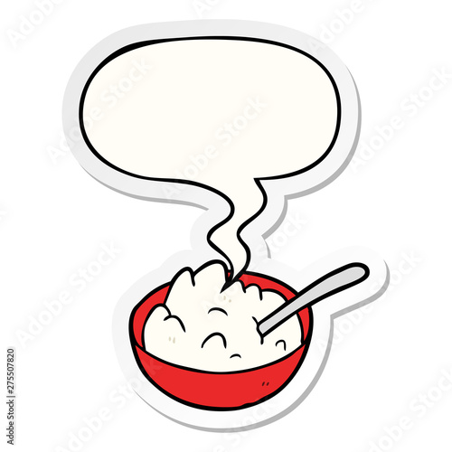 Foto cartoon bowl of porridge and speech bubble sticker
