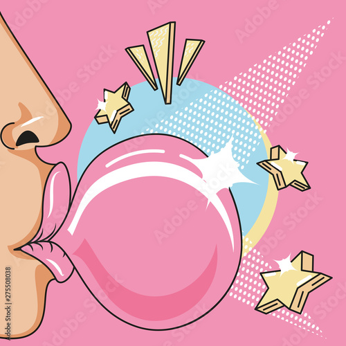 Female lips blowing pink bubble gum design