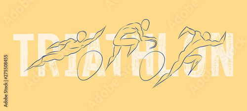 Triathlon. swim bike run. man training for ironman. Professional cyclist, runner, swimmer. Three pictures composite of fitness athlete running, biking, and swimming. 