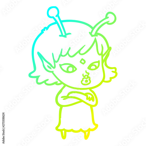 cold gradient line drawing pretty cartoon alien girl