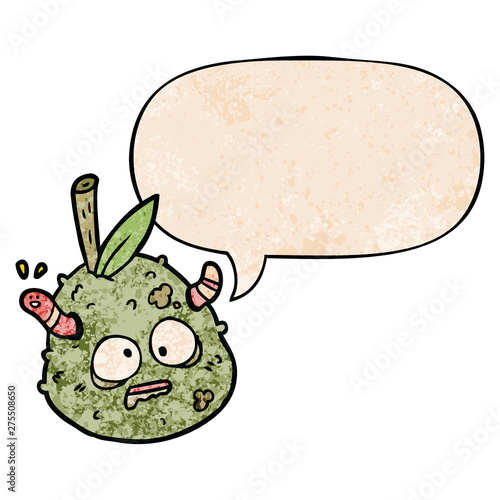 cartoon rotting old pear and worm and speech bubble in retro texture style