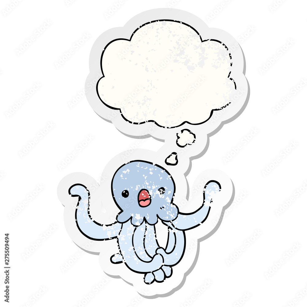 Fototapeta premium cartoon jellyfish and thought bubble as a distressed worn sticker