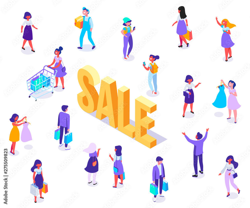 Big Sale. Isometric People vector set. Customers, buyers with shopping bags and cart. Online shopping, online ordering system isometric concept. Flat vector characters isolated on white