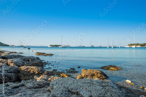 Yachting paradise, yachts and sailboats in the morning in blue bay on Croatian Adriatic, Kosirina bay on Murter island photo