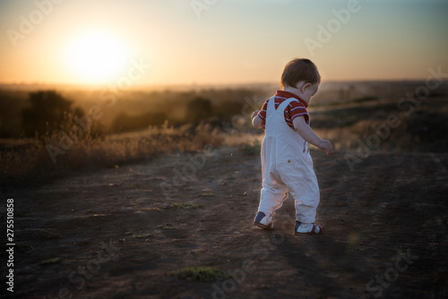 Sunny evening and the first independent steps. Baby's first steps in nature © marynkin