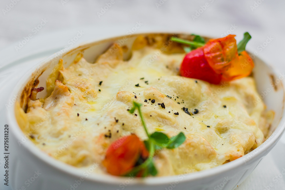 Beautiful baked pancakes with ham and cheese Beautiful baked pancakes with ham and cheese
