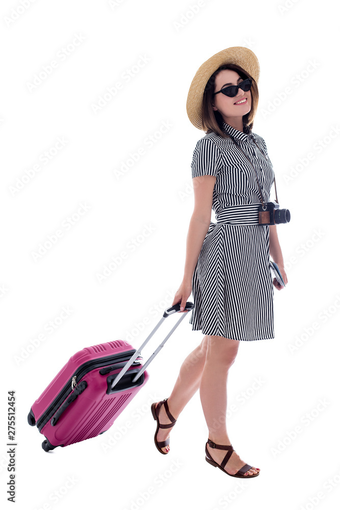 full length portrait of young beautiful woman tourist with suitcase isolated on white full length portrait of young beautiful woman tourist with suitcase isolated on white
