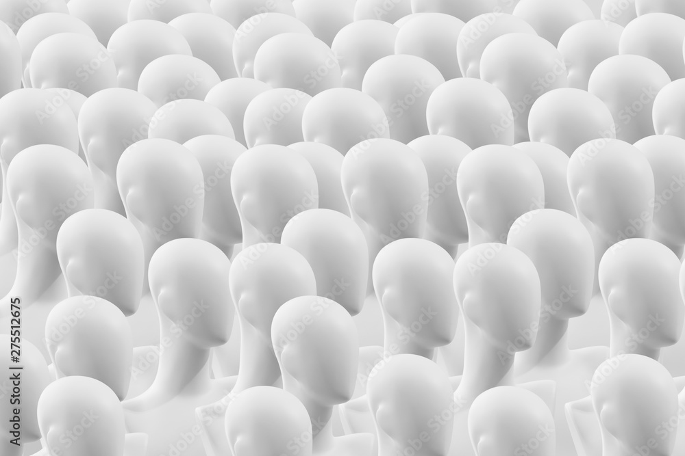 Obraz premium People are mannequins. Mannequins without eyes. The concept of human society. A crowd of people dummies. Concept. Many faceless mannequins heads.