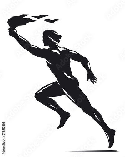 Running man with fire in his hands
