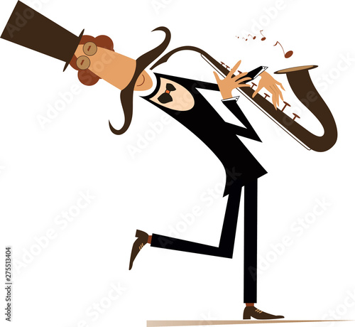 Cartoon long mustache saxophonist illustration isolated. Smiling mustache man in the top hat is playing music on saxophone with inspiration isolated on white