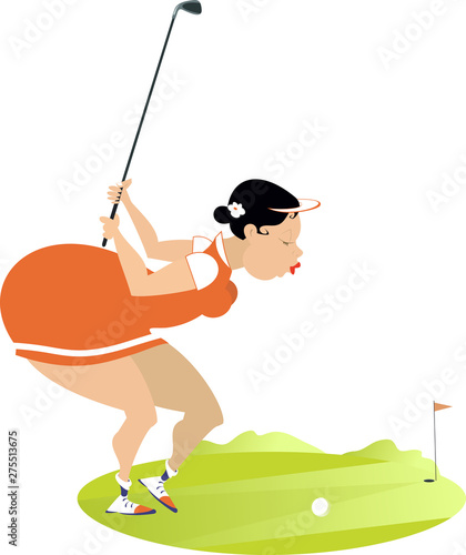 Young plump golfer woman on the golf course isolated illustration. Sexy plump golfer woman with big bust and bottoms aiming to do a good kick 