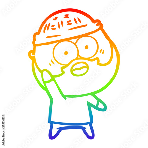 rainbow gradient line drawing cartoon bearded man holding up hand