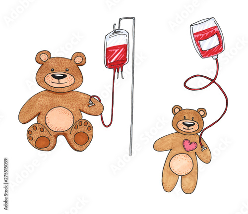 Teddy Bear transfused blood with a dropper isolated on white, Teddy Bear toy is sick, child blood transfusion concept