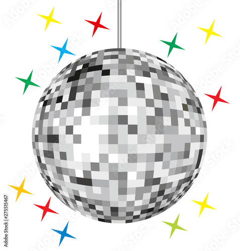 Disco ball. Large mirror ball with multi-colored reflections isolated on a white background. Mirror glitter disco ball. Vector illustration.