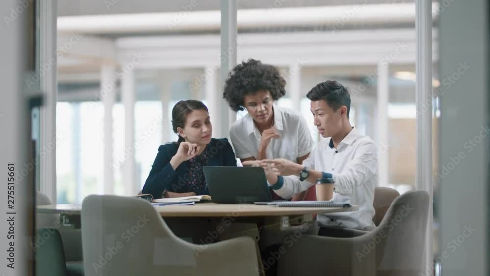 business woman team leader training interns using laptop computer pointing at screen sharing creative ideas helping colleagues discussing project teamwork in modern office 4k