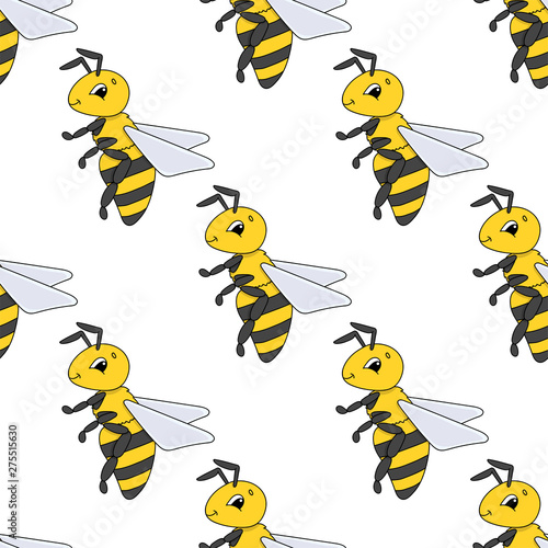 Happy bee. Colored seamless pattern with cute cartoon character. Simple flat vector illustration isolated on white background. Design wallpaper, fabric, wrapping paper, covers, websites. © PlatypusMi86