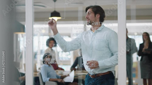 young businessman writing on glass whiteboard team leader training colleagues in meeting brainstorming problem solving strategy sharing ideas in office presentation seminar 4k photo