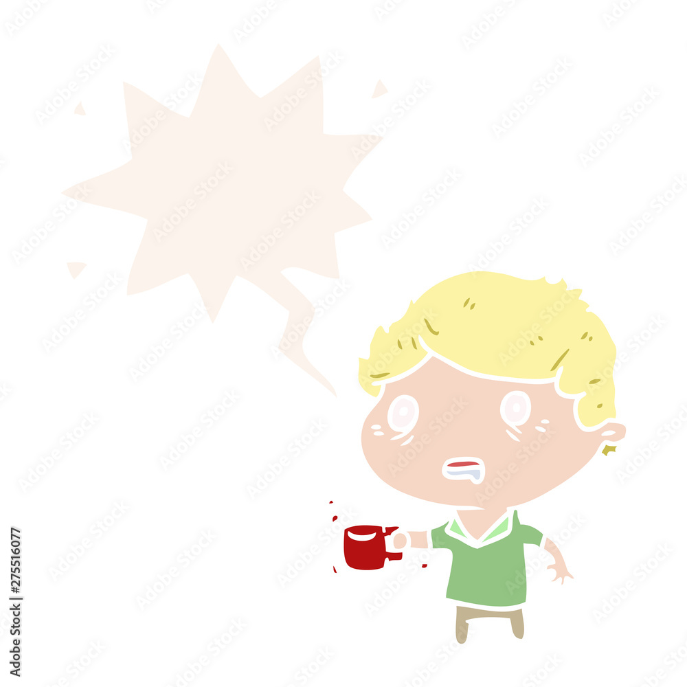 cartoon man jittery from drinking too much coffee and speech bubble in retro style cartoon man jittery from drinking too much coffee and speech bubble in retro style