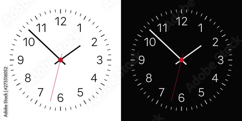 Set of Realistic illustration of a black and white clock face with numbers and a clock and a red center. Isolated on background, vector
