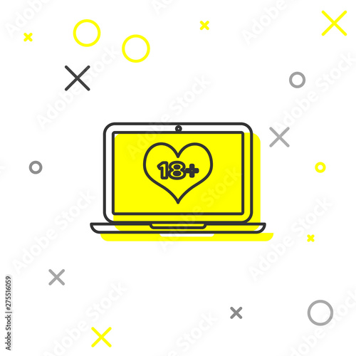 Grey line Laptop computer with 18 plus content heart icon isolated on white background. Age restriction symbol. 18 plus content sign. Adult channel. Vector Illustration