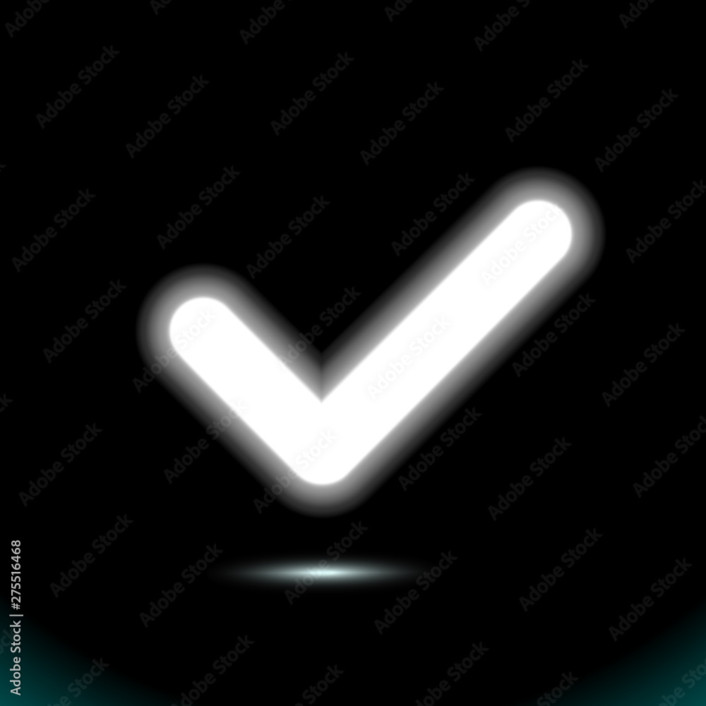 A glowing white lamp checkmark icon, tick symbol. Modern ui element. Fluorescent Design presentation, for any background. Vector luminescent illumination ad, illustration A glowing white lamp checkmark icon, tick symbol. Modern ui element. Fluorescent Design presentation, for any background. Vector luminescent illumination ad, illustration