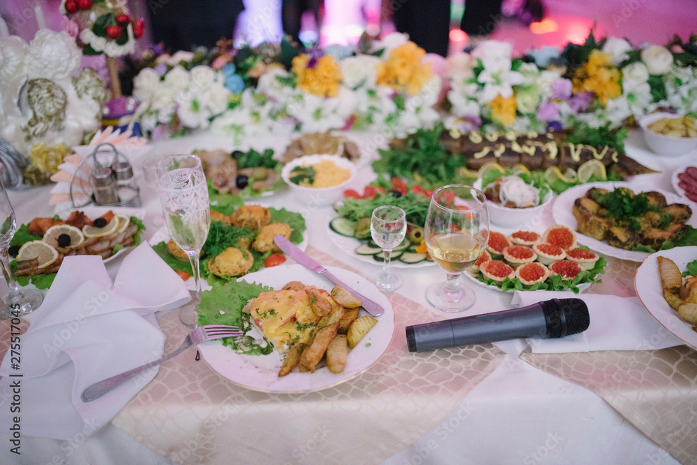 Festive wedding table setting.Table decoration on the wedding day Festive wedding table setting.Table decoration on the wedding day