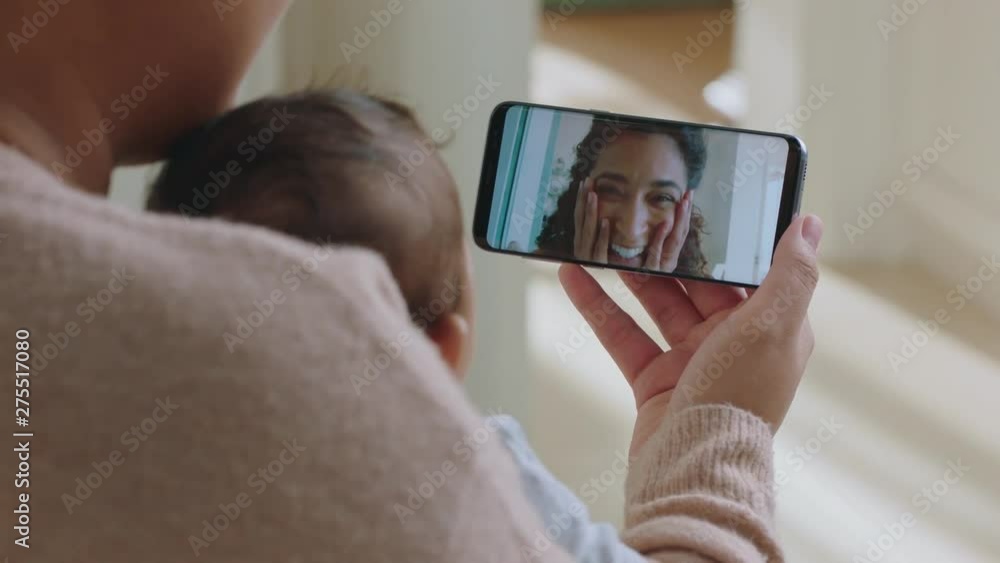 happy mother and baby having video chat with best friend using smartphone waving at toddler mom enjoying sharing motherhood lifestyle on mobile phone