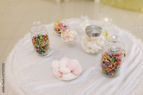 Sweet dessert table at a wedding.Cakestand at a wedding