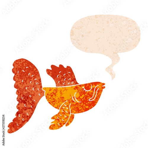 cartoon chinese fighting fish and speech bubble in retro textured style