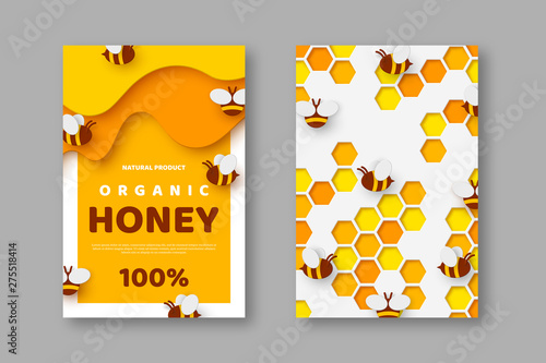 Paper cut style posters with bee and honeycomb. Typographic design for beekeeping and honey product. Vector illustration.