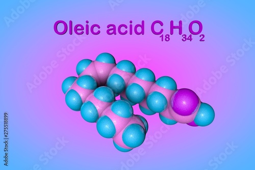 Fototapeta Naklejka Na Ścianę i Meble -  Structural chemical formula and molecular model of oleic acid. It is a monounsaturated fatty acid that occurs in various animal and vegetable fats and oils. 3d illustration