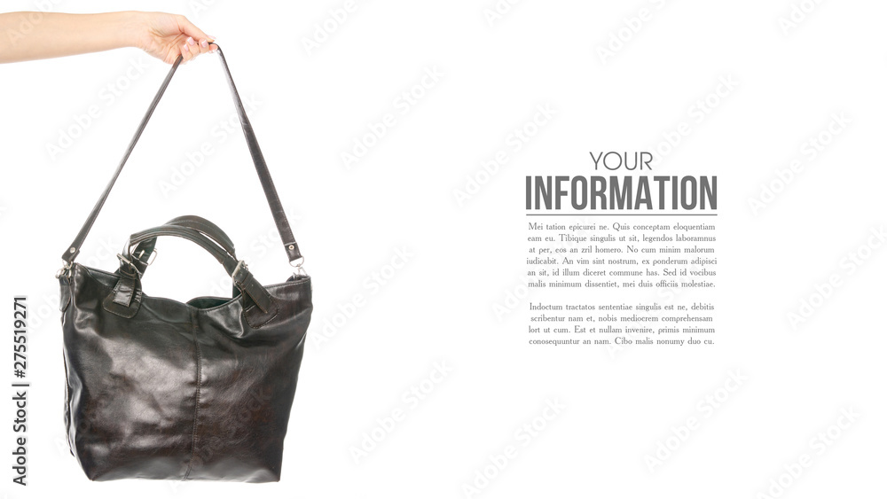 Female black brown leather bag in hand, sample text on white background isolation