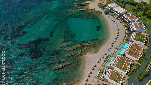 Aerial panoramic view of famous Grand Resort Lagonisi or Lagonissi paradise peninsula and beach with pool facilities in exotic peninsula  Athens riviera  Attica  Greece