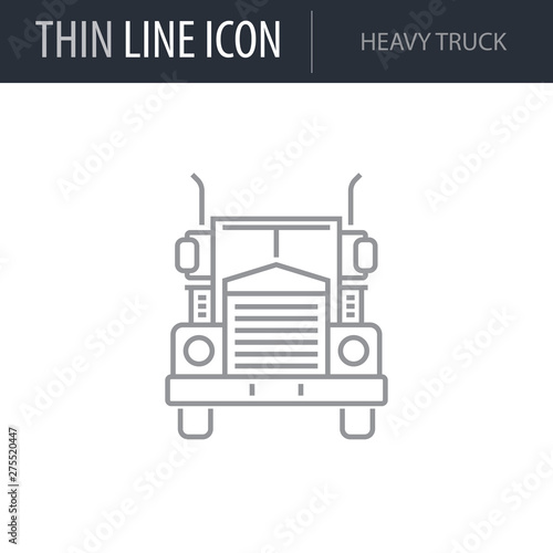 Symbol of Heavy Truck. Thin line Icon of Transportation. Stroke Pictogram Graphic for Web Design. Quality Outline Vector Symbol Concept. Premium Mono Linear Beautiful Plain Laconic Logo