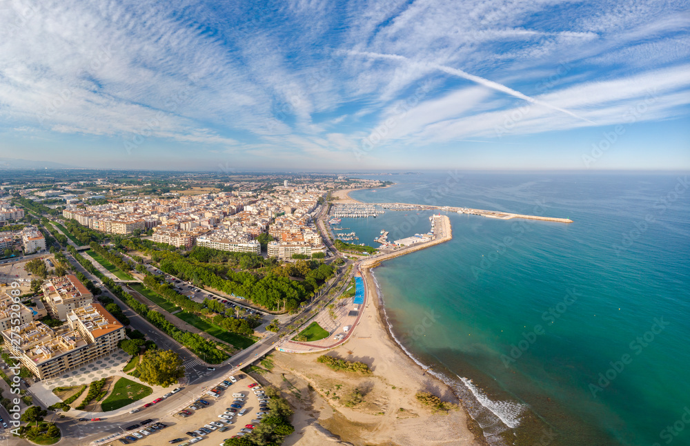 View of the coastline Cambrils, Costa Dourada, Catalonia, Spain. Drone aerial panorama