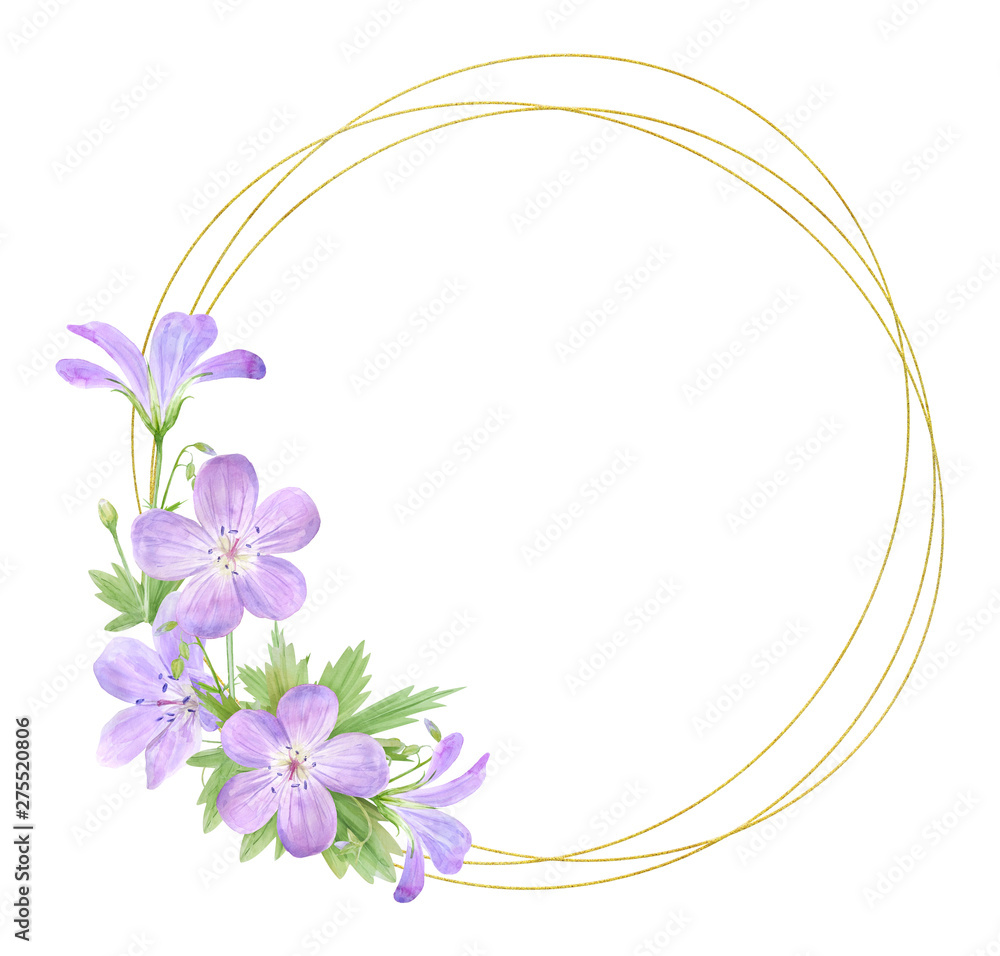Round frame of lilac watercolor geranium flowers isolated on white background. Perfect for logo, design, cosmetics design, package, textile