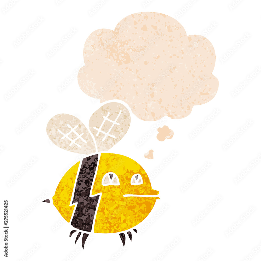 cartoon bee and thought bubble in retro textured style cartoon bee and thought bubble in retro textured style