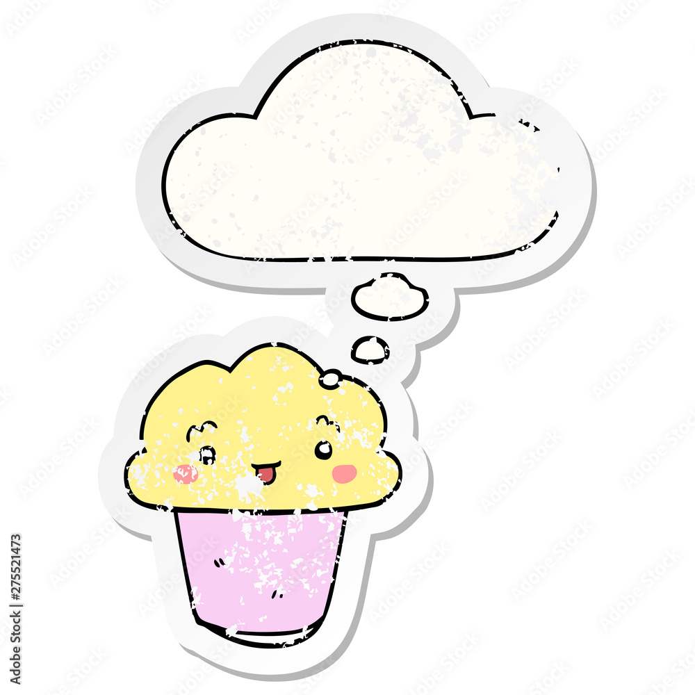 cartoon cupcake with face and thought bubble as a distressed worn sticker cartoon cupcake with face and thought bubble as a distressed worn sticker