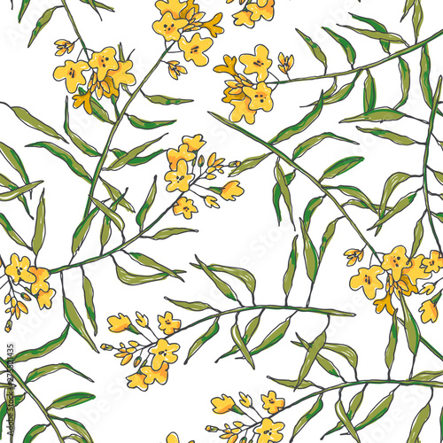 Vector floral seamless pattern with mustard branches isolated on white. Hand drawn botanical texture with yellow flowers. Herb in sketch style