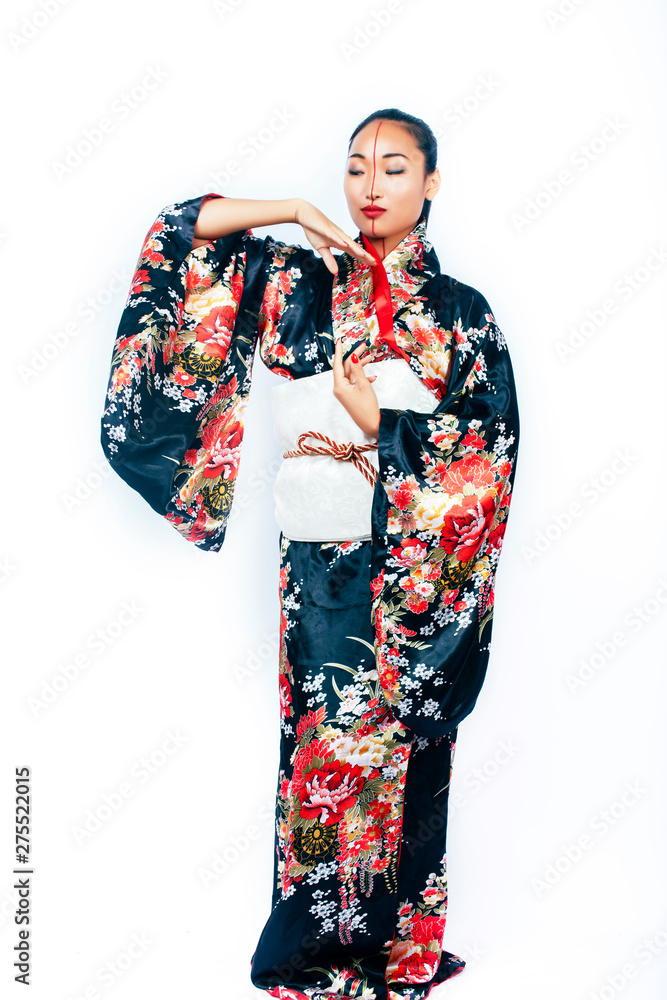 young pretty real geisha in kimono with sakura and decoration on white background isolated young pretty real geisha in kimono with sakura and decoration on white background isolated