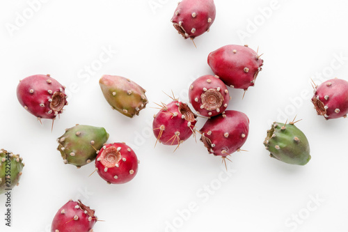 Prickly pear fruit on a white background, creative flat lay food concept, prickly pear cactus, Opuntia ficus-indica