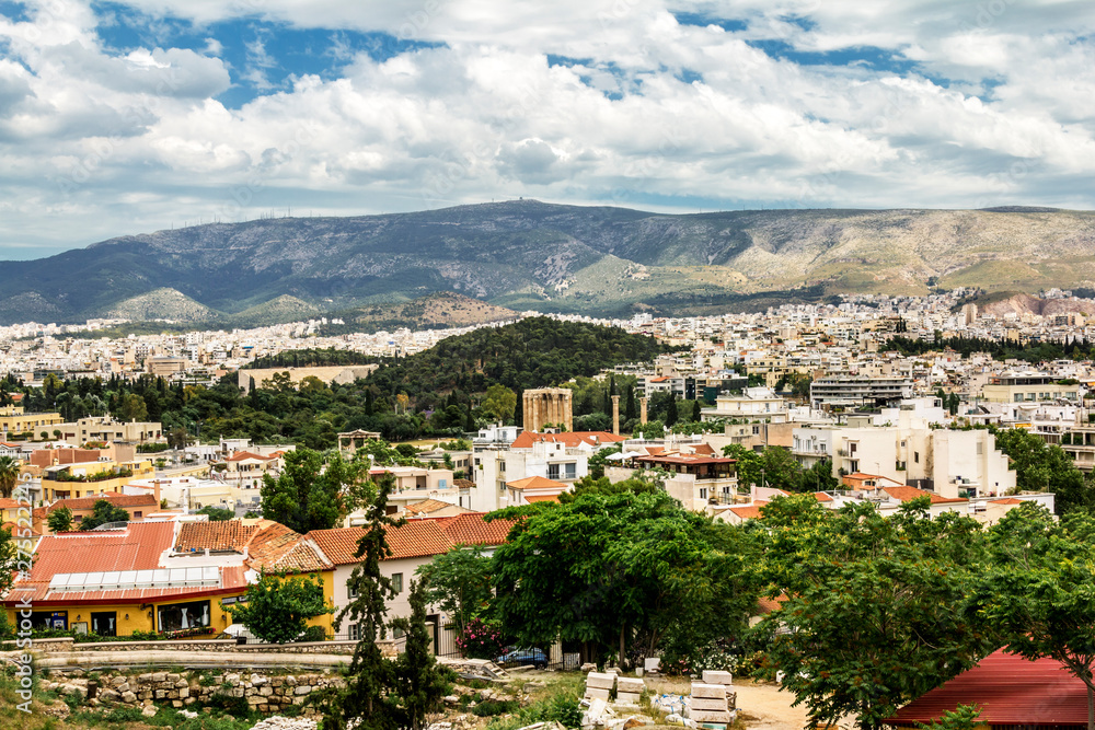 Panorama of Athens and the columns of the temple of  Zeus Olympian.