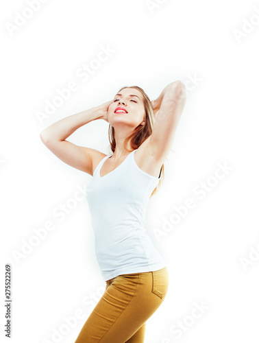 young pretty stylish hipster girl posing emotional isolated on white background happy smiling cool smile, lifestyle people concept close up © iordani